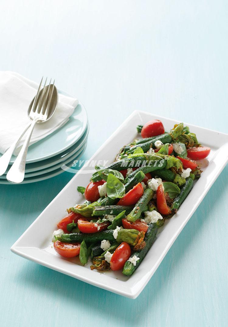 Zucchini flowers with tomatoes, basil & feta